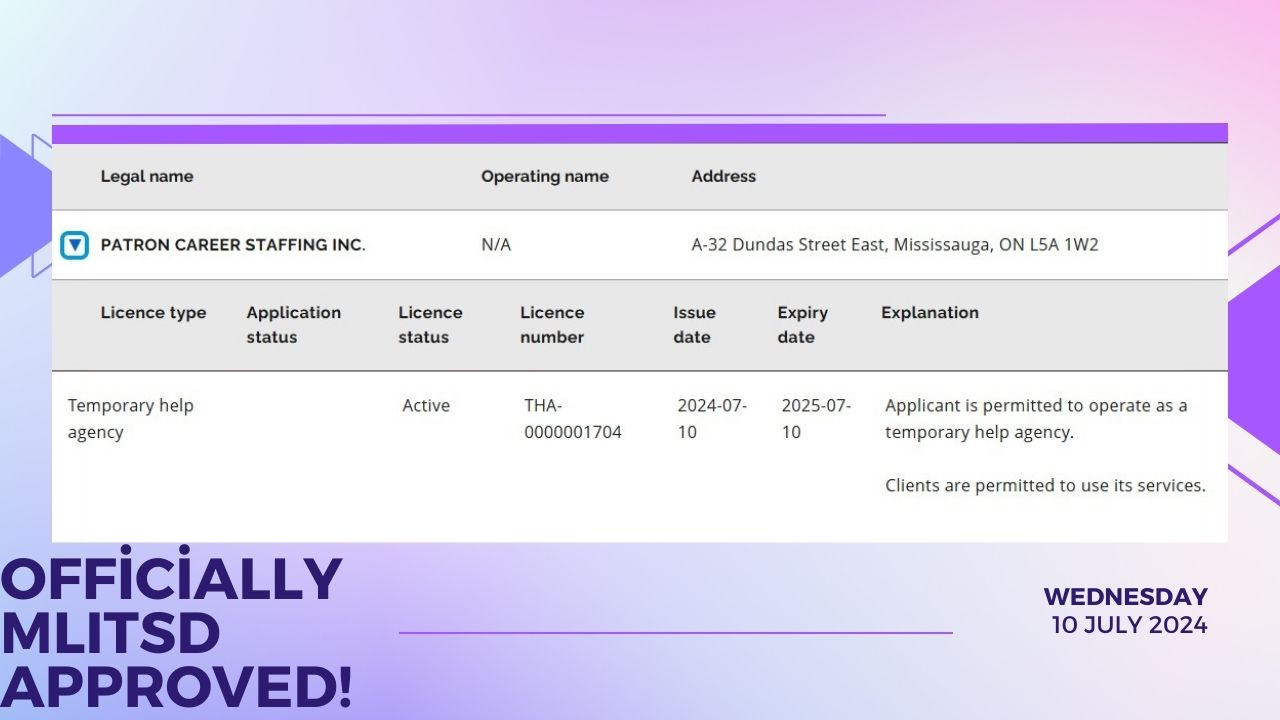 Patron Career Staffing officially MLITSD approved